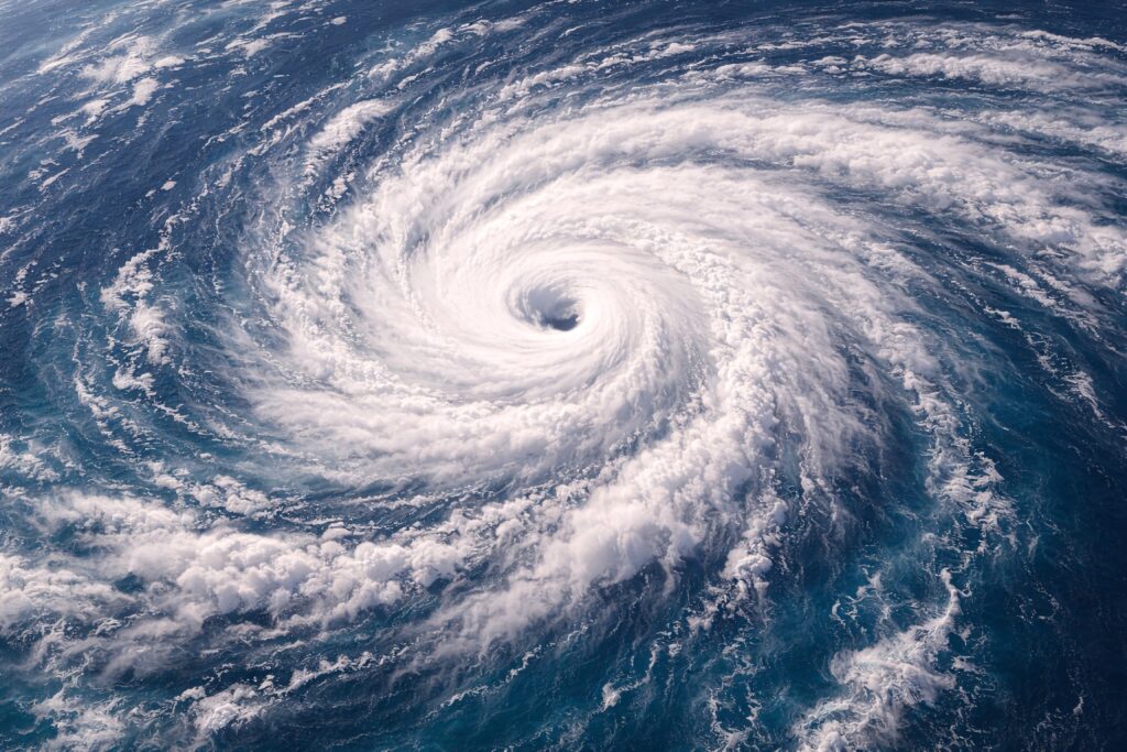 從衛星視角俯瞰海洋上空的颱風（颶風）螺旋風暴，可清晰看見巨大的雲層旋渦與中心風眼。
